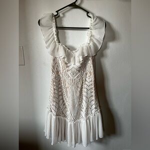 Ivory Embroidered Maxi Dress with Pleated Ruffle Neckline